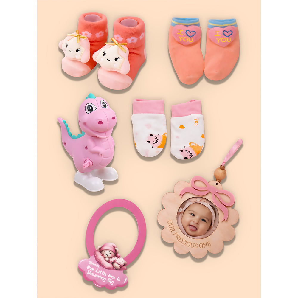 19 pcs, Pink Teddy Home cane basket themed Newborn Baby Girl, All Season wear,Gift Hamper set, 0-6 months