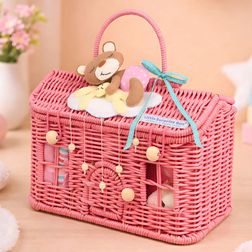 19 pcs, Pink Teddy Home cane basket themed Newborn Baby Girl, All Season wear,Gift Hamper set, 0-6 months