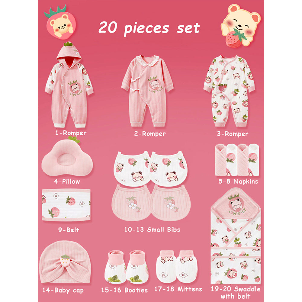 20 pcs Pinkberry Ted Newborn Baby Girl Gift Box, All Season Wear Hamper, (0-12 months)