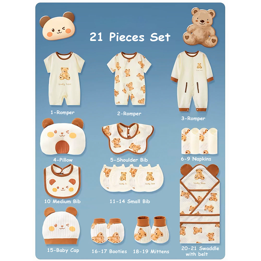 21 pcs Brown Cream Lovely Bear Newborn Baby Girl/ Boy Gift Box , all season wear Hamper, (0 - 12 months)