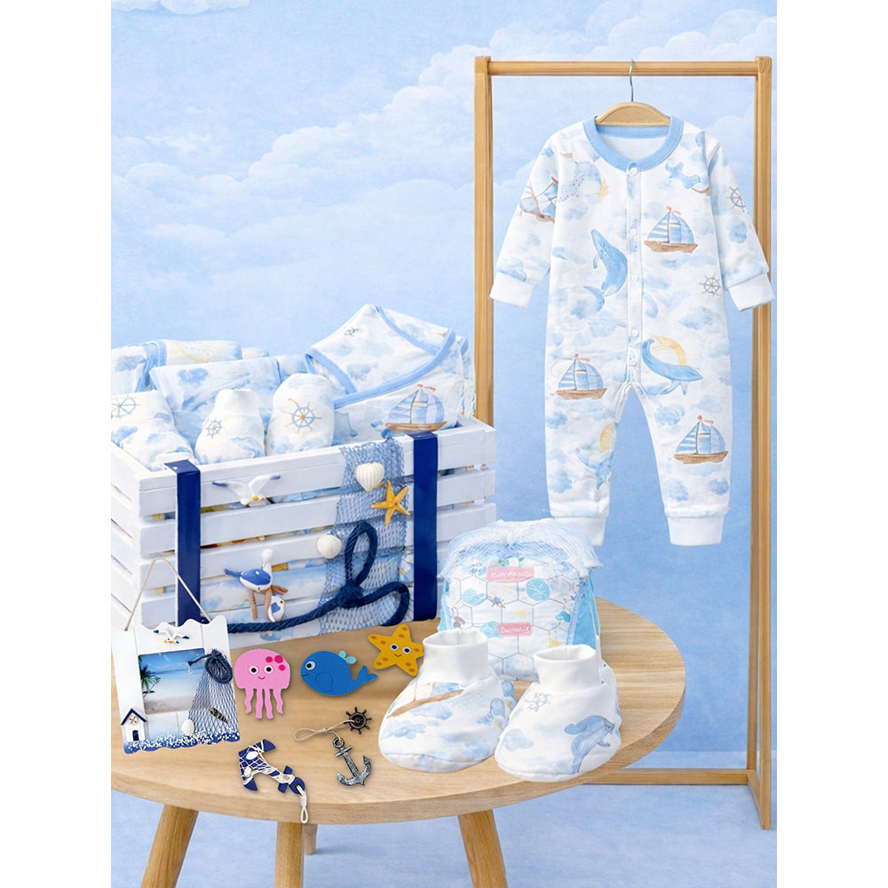 21 pcs Nautical Wooden Treasure Chest Gift hamper for a newborn baby, Giftset for a baby, 0-12 months