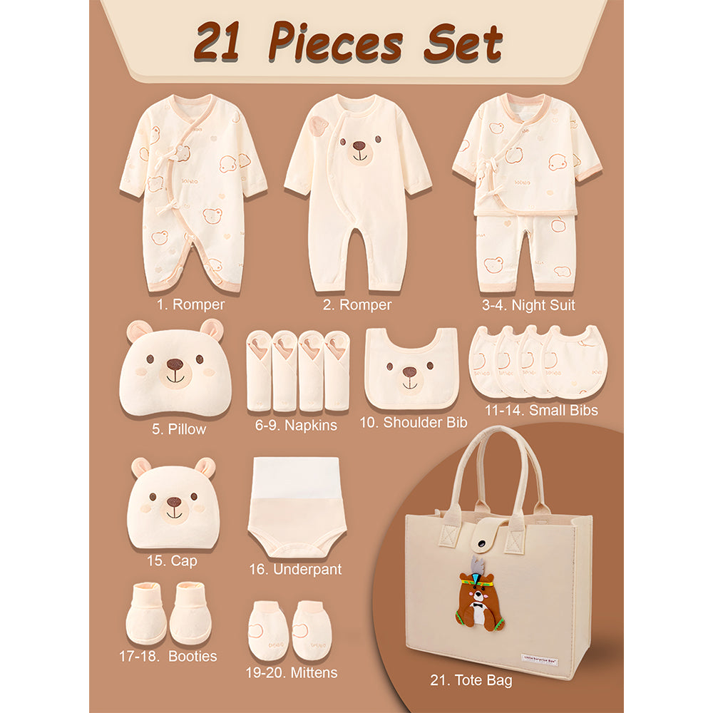 21pcs Woodland Bear Totebag Hamper for Newborn Baby Boy / Baby Girl, Giftset for Baby , All Season wear, 0-12 months