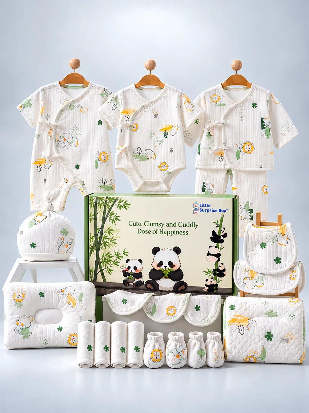 21 pcs White Safari Animals Newborn Baby Girl/ Boy Gift Box All Season Wear Hamper(0 - 6months)