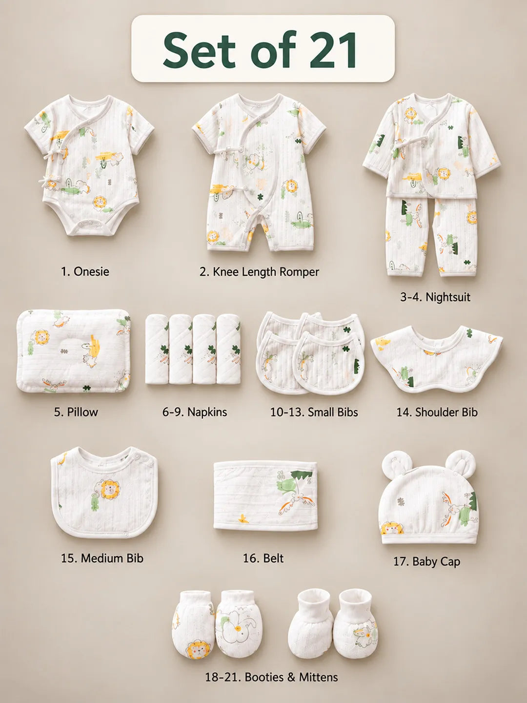 21 pcs White Safari Animals Newborn Baby Girl/ Boy Gift Box All Season Wear Hamper(0 - 6months)