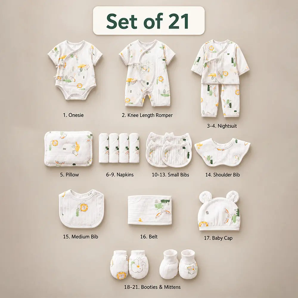 21 pcs White Safari Animals Newborn Baby Girl/ Boy Gift Box All Season Wear Hamper(0 - 6months)