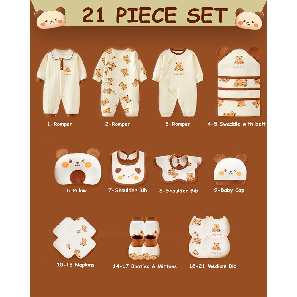 21 pcs White Cream Bear Newborn Baby Girl/ Boy Gift Box , all season wear Hamper, (0 - 12 months)