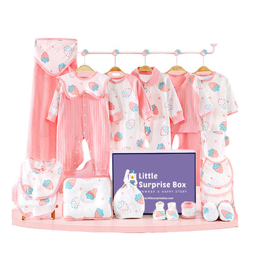 22 pcs Pink Dotted Strawberry Newborn Baby Girl/ Boy Gift Box,all season wear Hamper, (0 - 18 months)