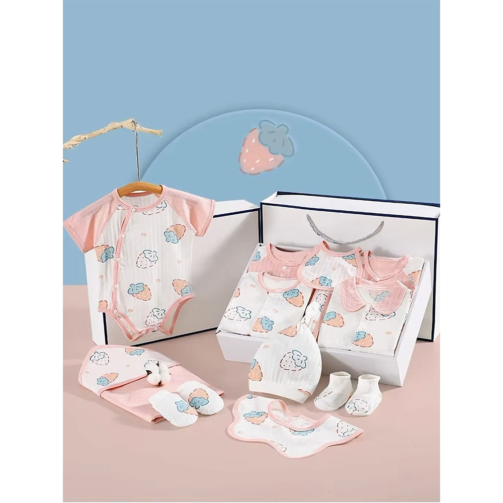 22 pcs Pink Dotted Strawberry Newborn Baby Girl/ Boy Gift Box,all season wear Hamper, (0 - 18 months)