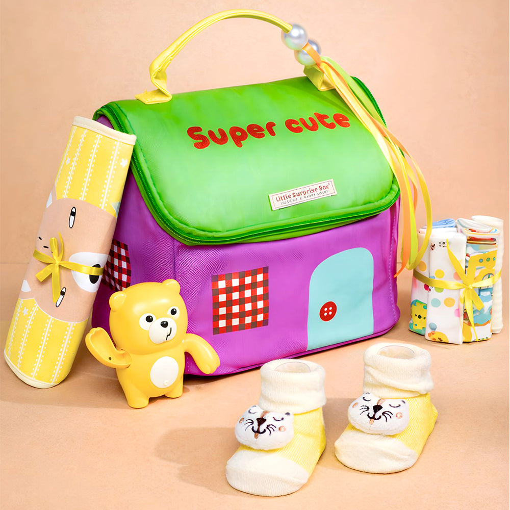 22pcs Super cute Green & Purple Neutral Gender Home Newborn Hamper/Gift Box for Baby, 0-6 months