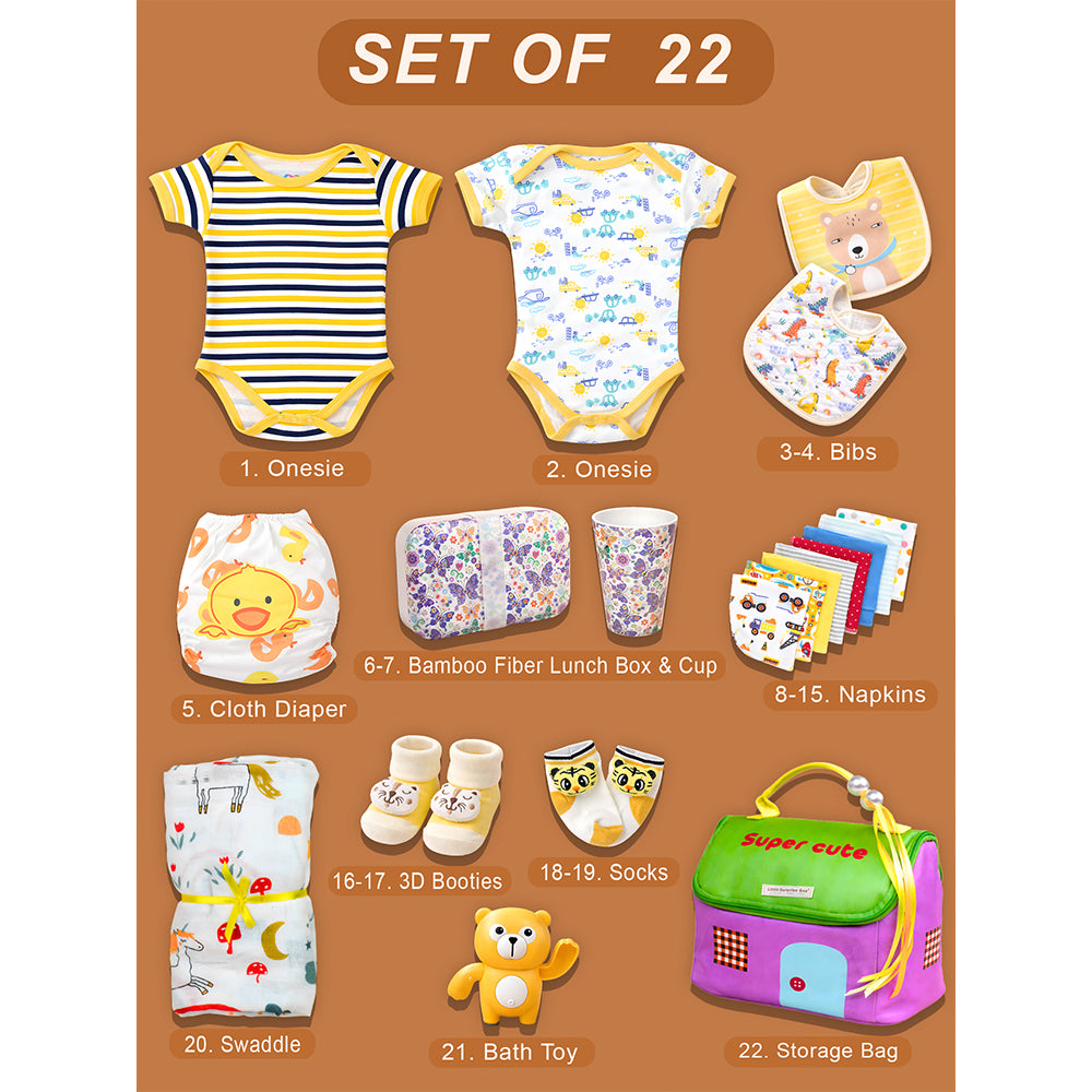 22pcs Super cute Green & Purple Neutral Gender Home Newborn Hamper/Gift Box for Baby, 0-6 months