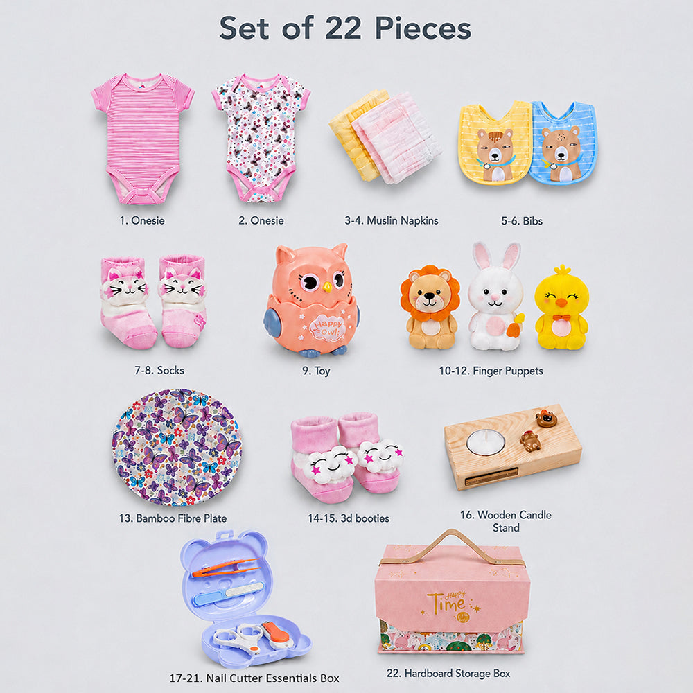 22 pcs, Pink Animals Newborn Baby Girl All Season wear,Gift Hamper set, 0-6 months