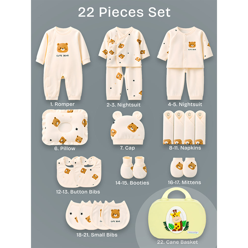 22 pcs small Bear Hamper for Newborn Baby Boy/ Baby Girl, All season wear hamper with Giraffe travel Suitcase , 0-12 months