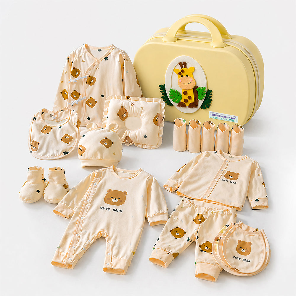 22 pcs small Bear Hamper for Newborn Baby Boy/ Baby Girl, All season wear hamper with Giraffe travel Suitcase , 0-12 months