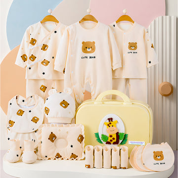 22 pcs small Bear Hamper for Newborn Baby Boy/ Baby Girl, All season wear hamper with Giraffe travel Suitcase , 0-12 months