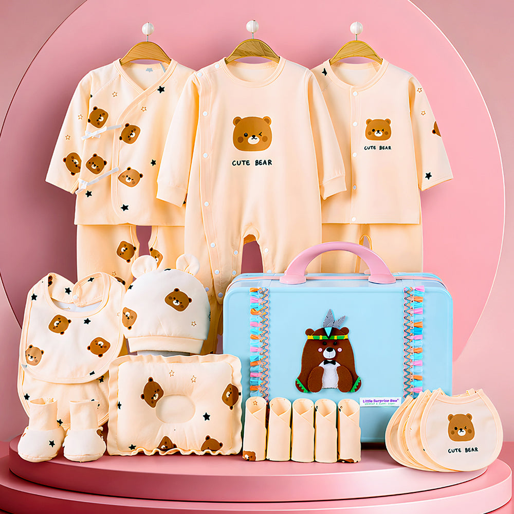 22 pcs Tribal Bear Hamper for Newborn Baby Boy/ Baby Girl, All season wear hamper with tribal bear travel Suitcase , 0-12 months