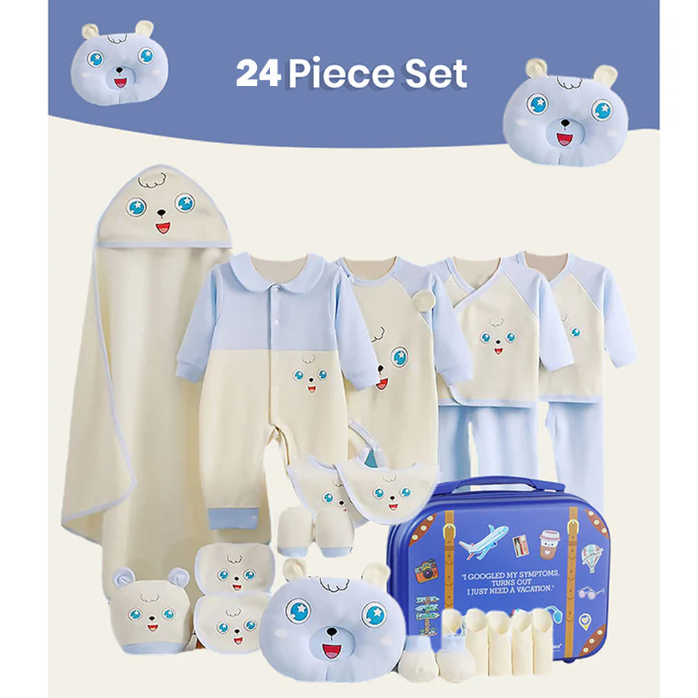 24pcs Blue & White Star Eye Newborn Baby Girl/Baby Boy Gift Hamper with Travel Suitcase, 0-12 months