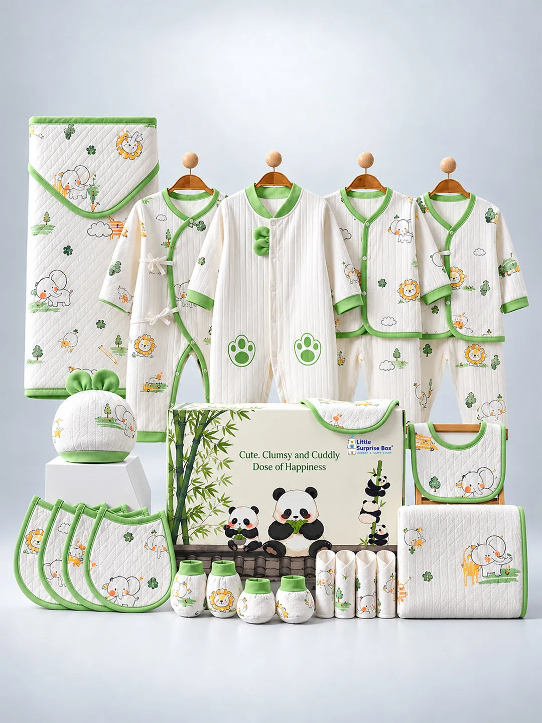 24 pcs Green Safari Animals Newborn Baby Girl/ Boy Gift Box All Season Wear Hamper(0 - 6 months)