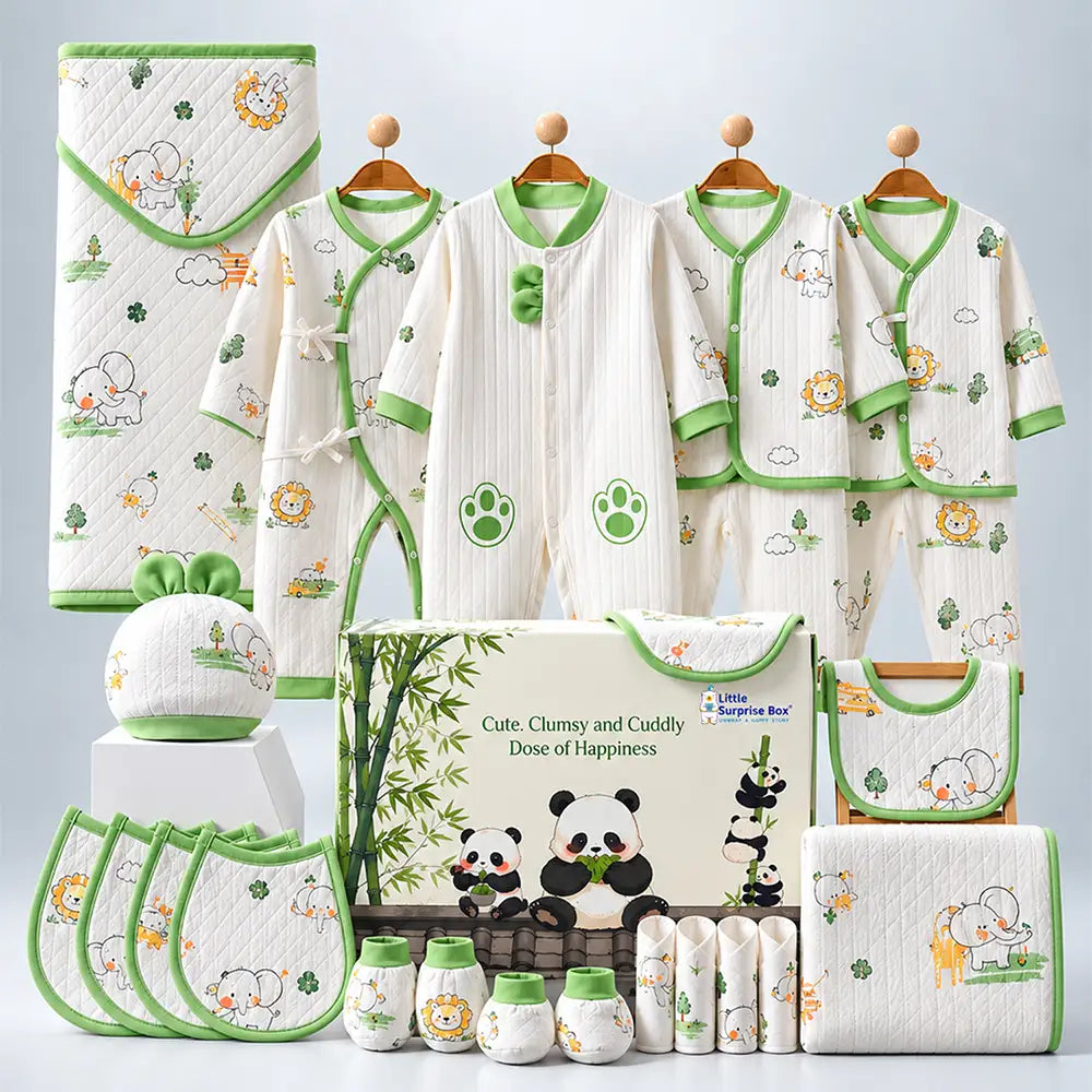 24 pcs Green Safari Animals Newborn Baby Girl/ Boy Gift Box All Season Wear Hamper(0 - 6 months)