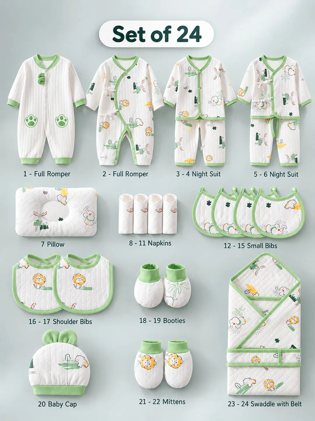 24 pcs Green Safari Animals Newborn Baby Girl/ Boy Gift Box All Season Wear Hamper(0 - 6 months)