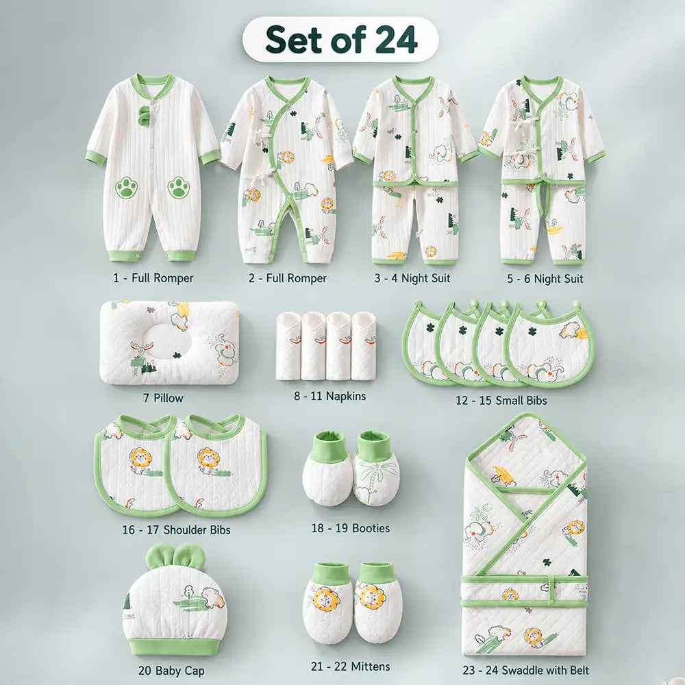 24 pcs Green Safari Animals Newborn Baby Girl/ Boy Gift Box All Season Wear Hamper(0 - 6 months)