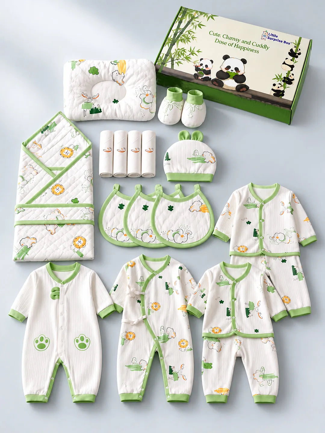 24 pcs Green Safari Animals Newborn Baby Girl/ Boy Gift Box All Season Wear Hamper(0 - 6 months)