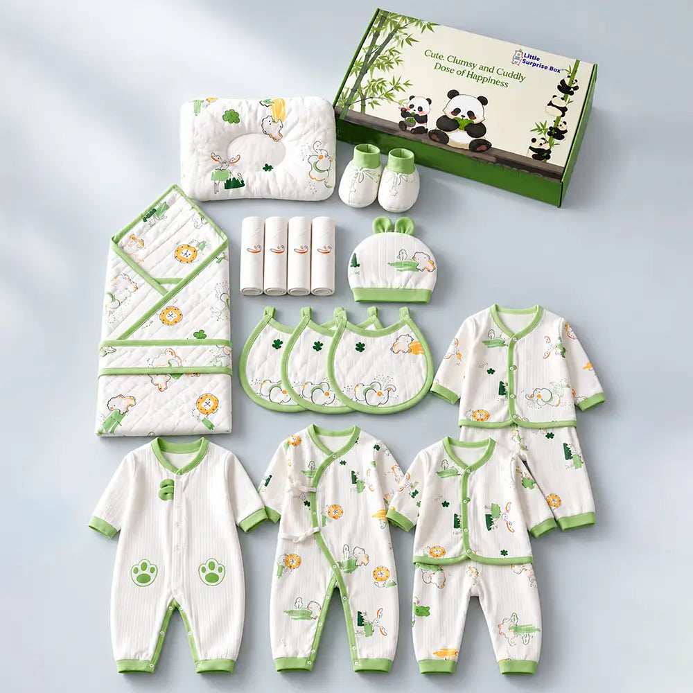 24 pcs Green Safari Animals Newborn Baby Girl/ Boy Gift Box All Season Wear Hamper(0 - 6 months)