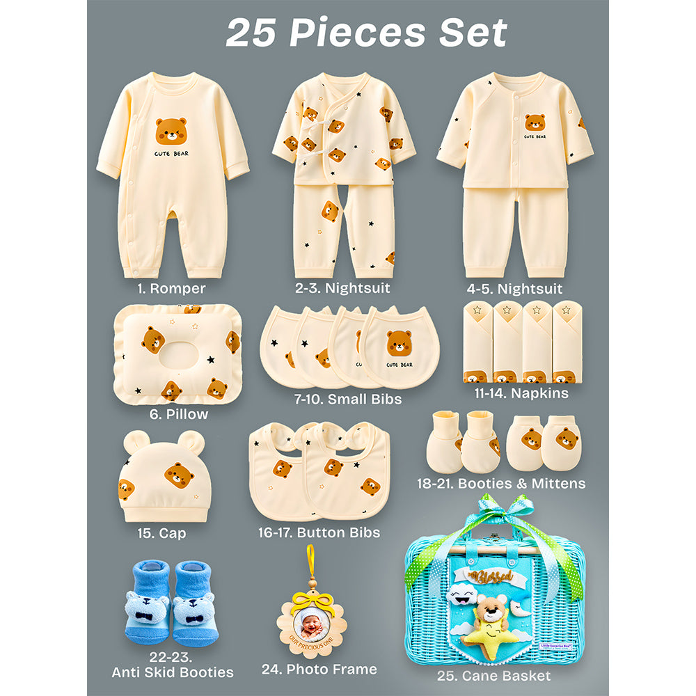 25 pcs Beige Bear Hamper for Newborn Boy/Girl, All Season wear hamper with luxury designed blue storage cane basket 0-12 months