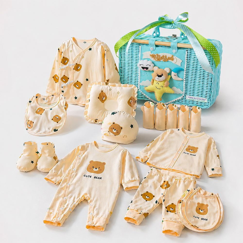 25 pcs Beige Bear Hamper for Newborn Boy/Girl, All Season wear hamper with luxury designed blue storage cane basket 0-12 months