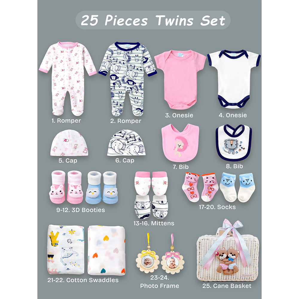 25 pcs, Twin Boy & Girl White cane basket themed Newborn Baby Boy, All Season wear,Gift Hamper set, 0-6 months