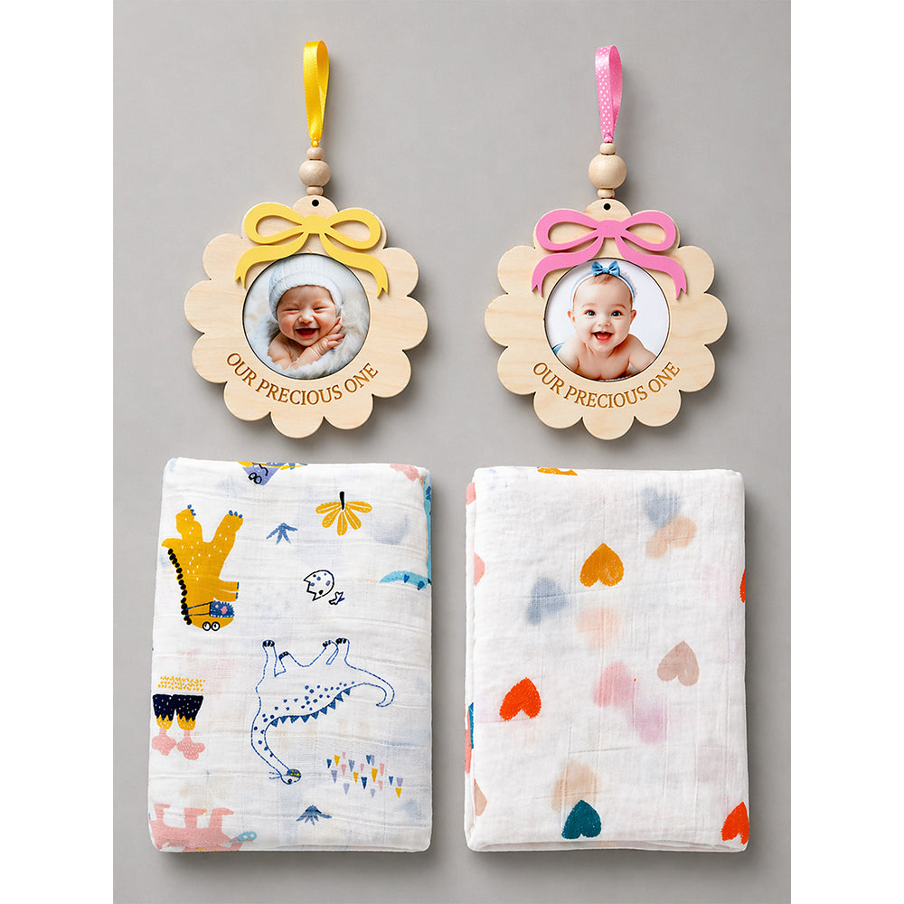 25 pcs, Twin Boy & Girl White cane basket themed Newborn Baby Boy, All Season wear,Gift Hamper set, 0-6 months