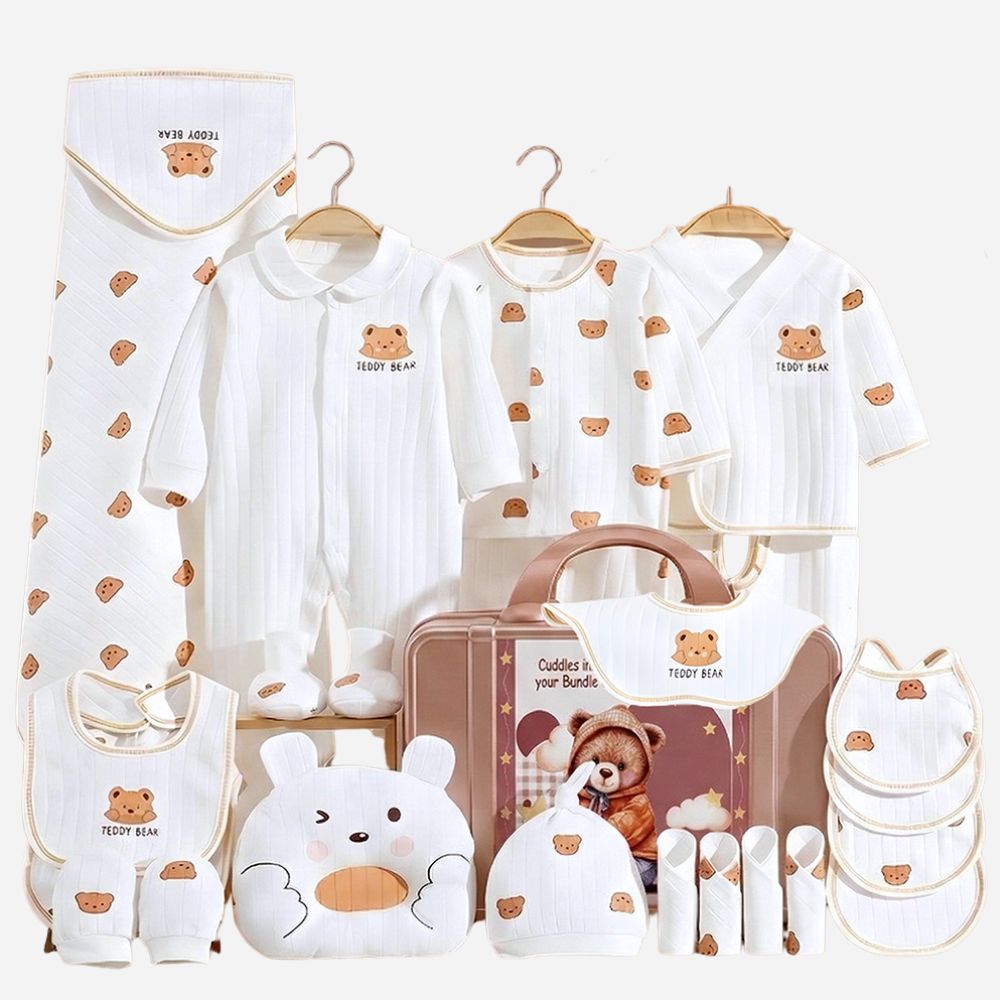 25pcs Cream Teddy Bear Collared Newborn Baby Hamper, Baby Boy/Baby Girl with Suitcase, 0-12 months