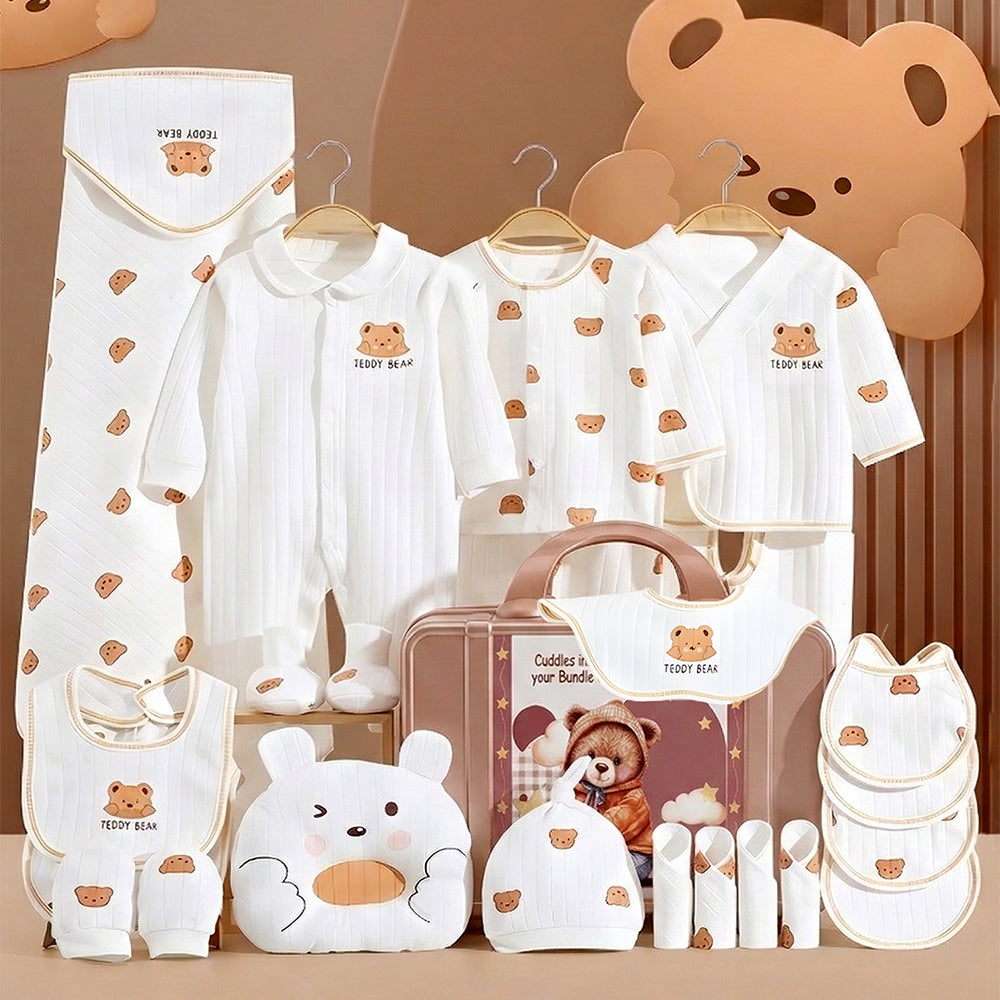 25pcs Cream Teddy Bear Collared Newborn Baby Hamper, Baby Boy/Baby Girl with Suitcase, 0-12 months