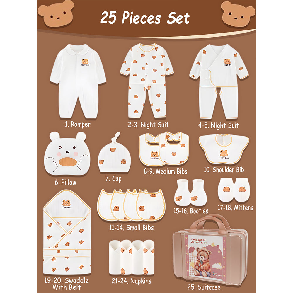 25pcs Cream Teddy Bear Collared Newborn Baby Hamper, Baby Boy/Baby Girl with Suitcase, 0-12 months