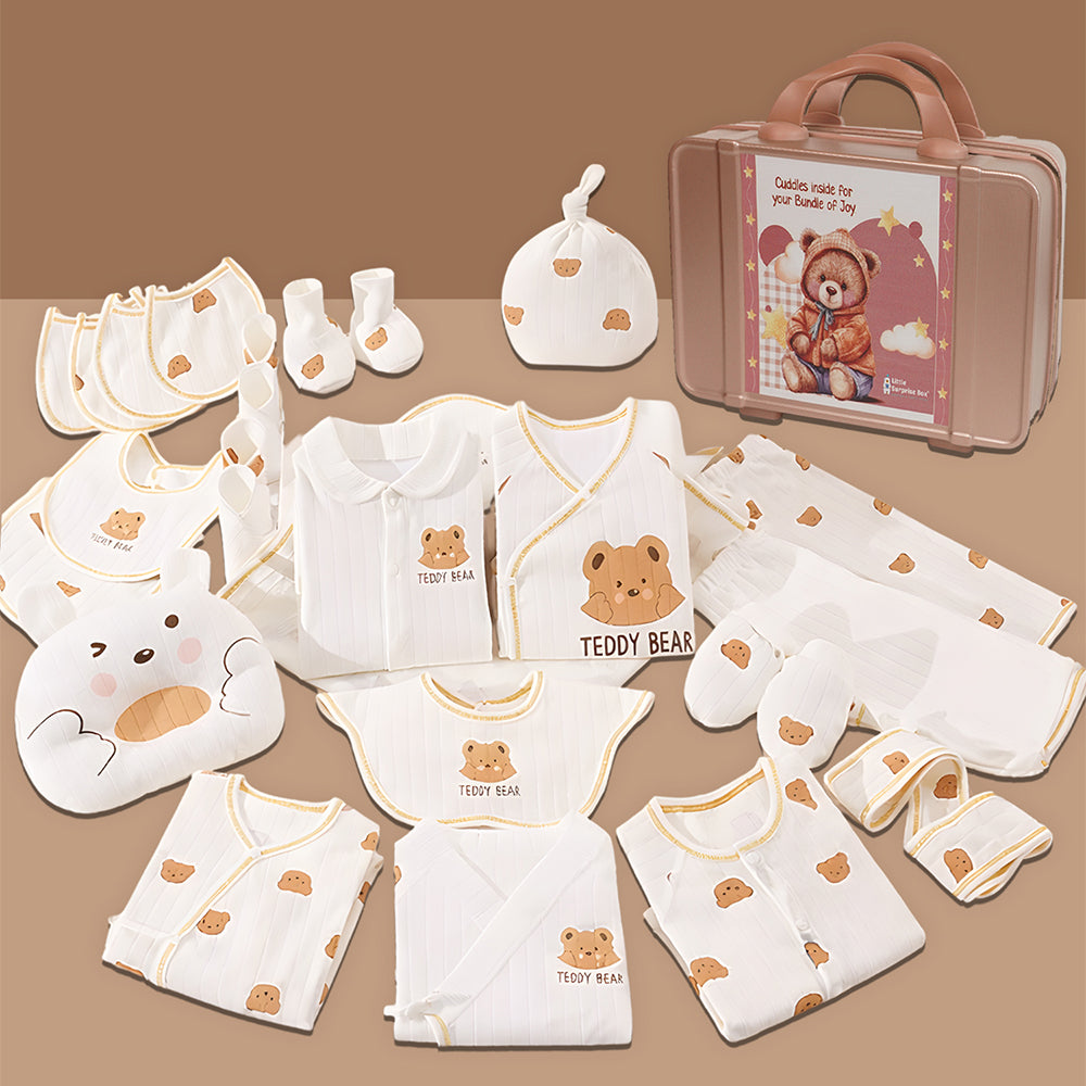 25pcs Cream Teddy Bear Collared Newborn Baby Hamper, Baby Boy/Baby Girl with Suitcase, 0-12 months