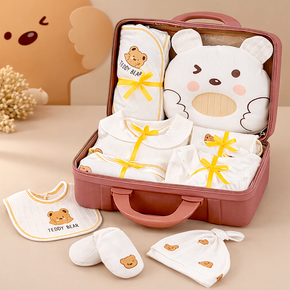 25pcs Cream Teddy Bear Collared Newborn Baby Hamper, Baby Boy/Baby Girl with Suitcase, 0-12 months