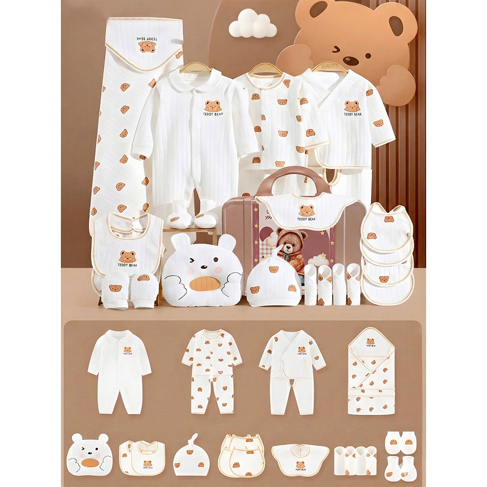 25pcs Cream Teddy Bear Collared Newborn Baby Hamper, Baby Boy/Baby Girl with Suitcase, 0-12 months