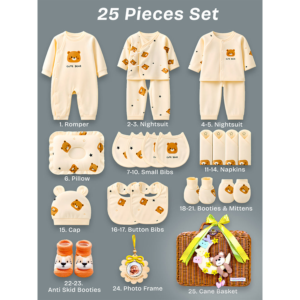 25 pcs Brown Cute Bear Hamper for Newborn Boy/Girl, All Season wear hamper with luxury designed brown storage cane basket 0-12 months