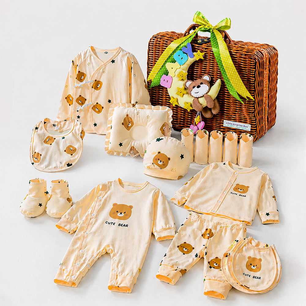 25 pcs Brown Cute Bear Hamper for Newborn Boy/Girl, All Season wear hamper with luxury designed brown storage cane basket 0-12 months