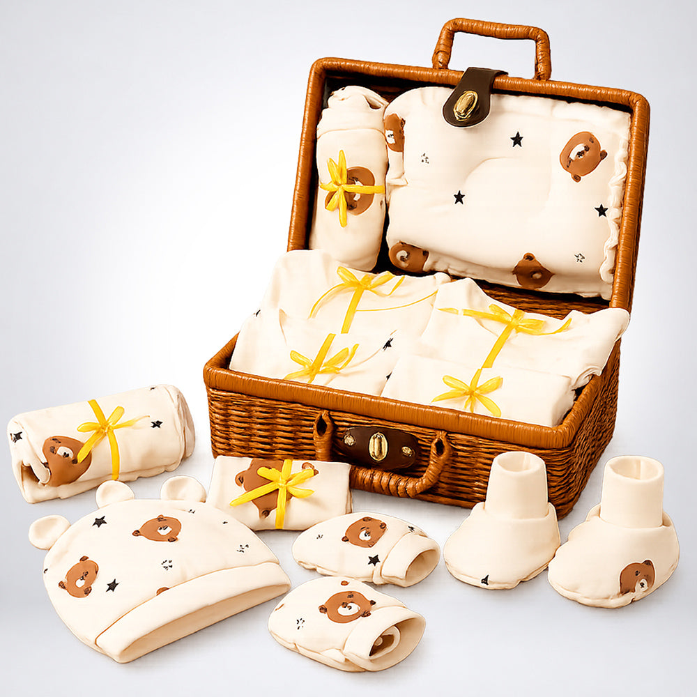 25 pcs Brown Cute Bear Hamper for Newborn Boy/Girl, All Season wear hamper with luxury designed brown storage cane basket 0-12 months