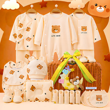 25 pcs Brown Cute Bear Hamper for Newborn Boy/Girl, All Season wear hamper with luxury designed brown storage cane basket 0-12 months
