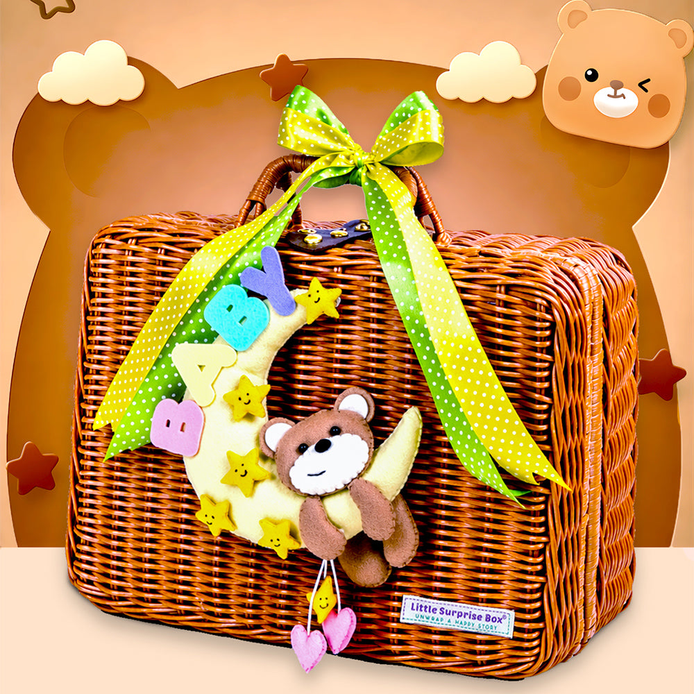 25 pcs Brown Cute Bear Hamper for Newborn Boy/Girl, All Season wear hamper with luxury designed brown storage cane basket 0-12 months
