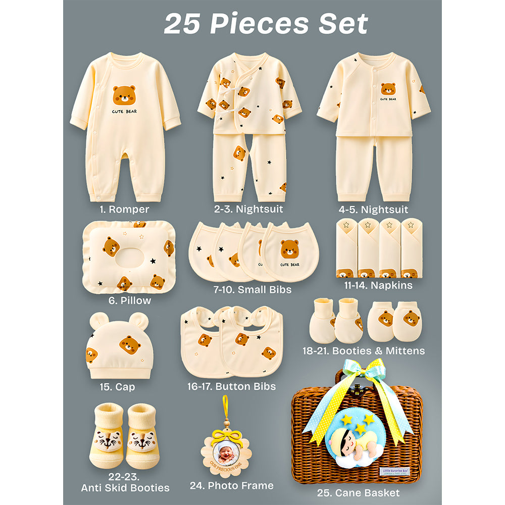 25 pcs Dreamy baby Hamper for Newborn Boy/Girl, All Season wear hamper with luxury designed brown storage cane basket 0-12 months
