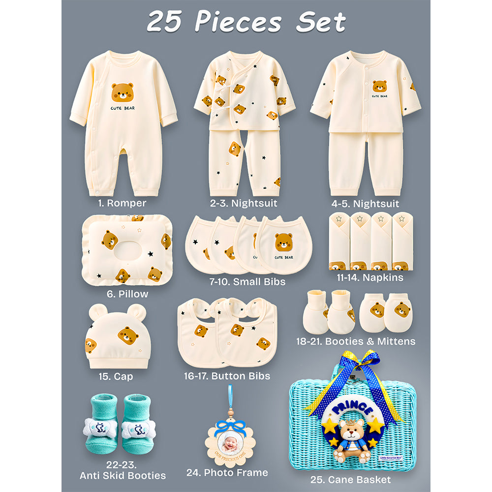 25 pcs Prince Hamper for Newborn Boy, All Season wear hamper with luxury designed blue storage cane basket 0-12 months