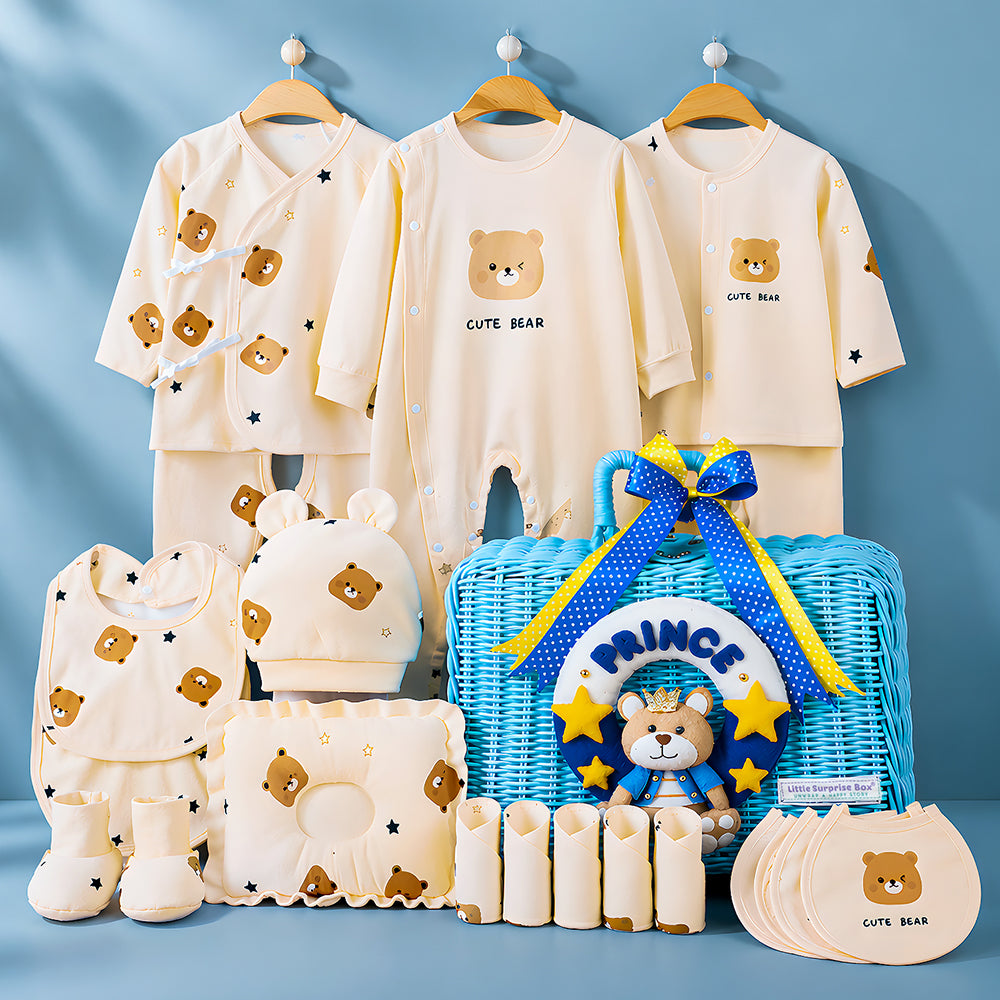 25 pcs Prince Hamper for Newborn Boy, All Season wear hamper with luxury designed blue storage cane basket 0-12 months