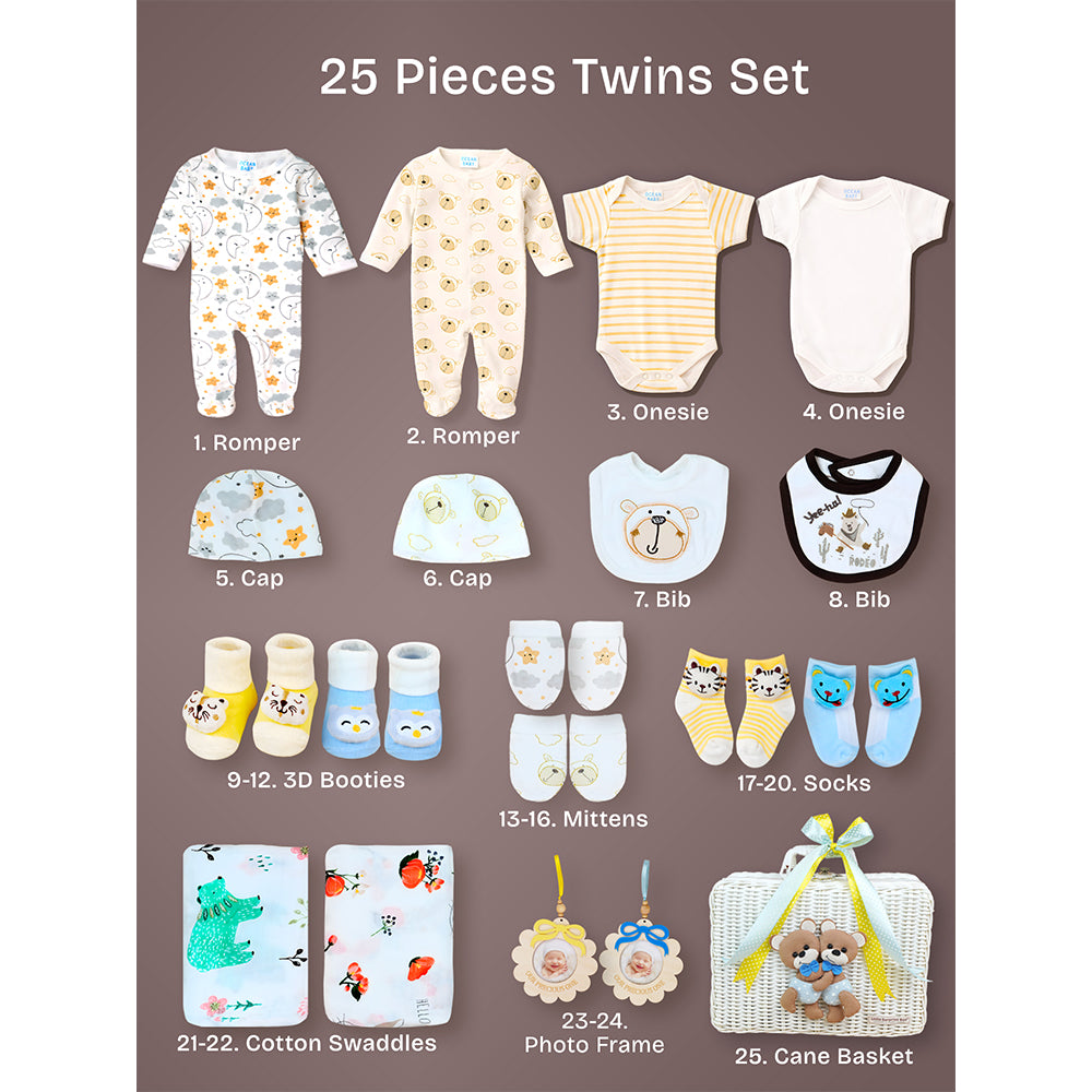 25 pcs, Twin Boys White cane basket themed Newborn Baby Boy, All Season wear,Gift Hamper set, 0-6 months
