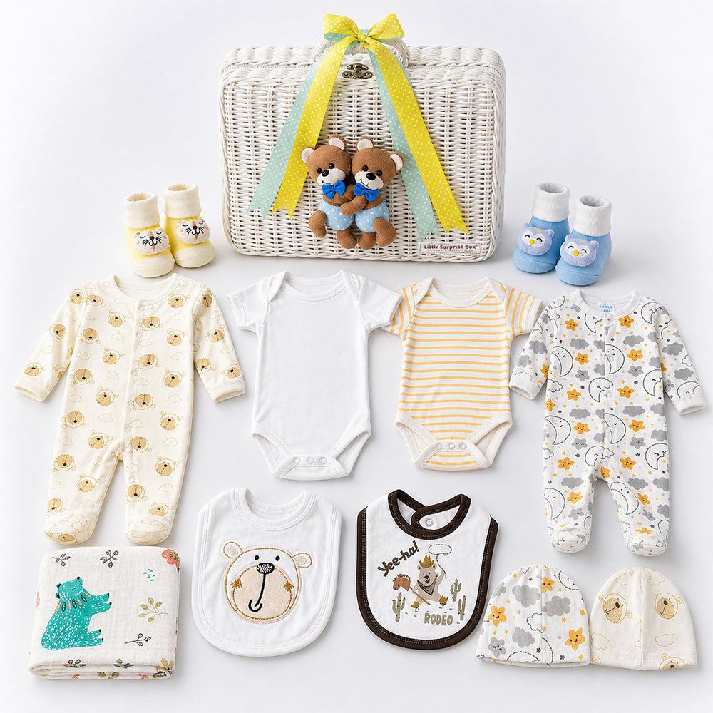 25 pcs, Twin Boys White cane basket themed Newborn Baby Boy, All Season wear,Gift Hamper set, 0-6 months
