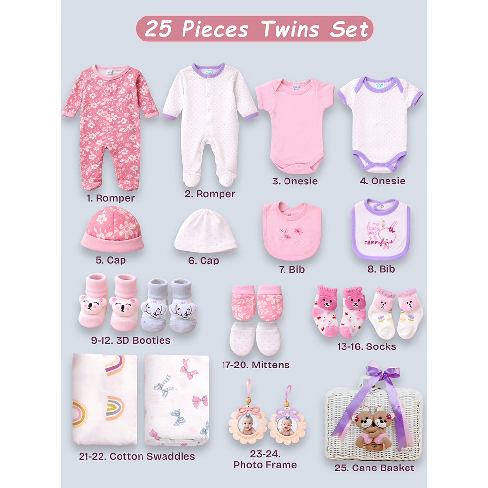 25 pcs, Twin Girls White cane basket themed Newborn Baby Boy, All Season wear,Gift Hamper set, 0-6 months
