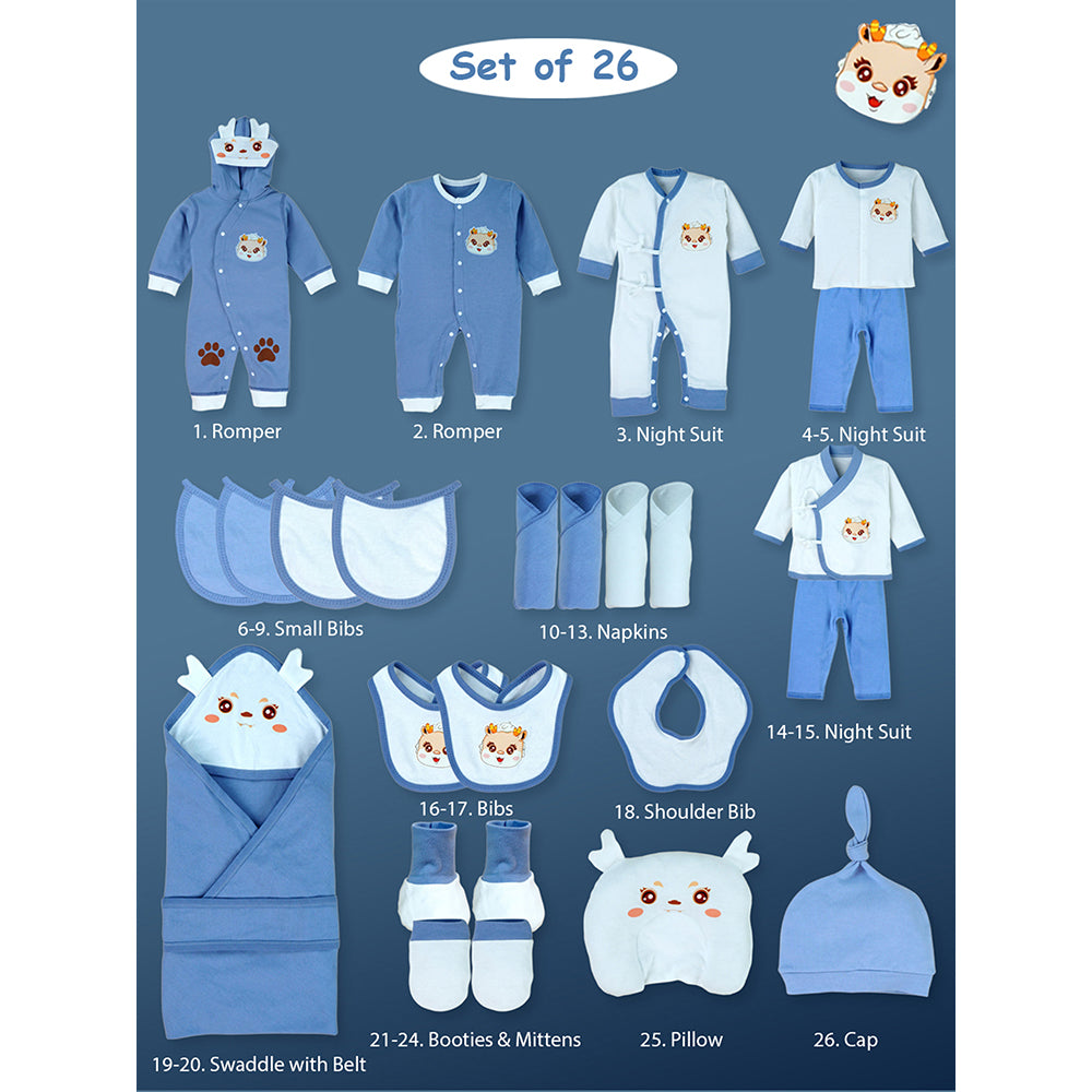 26pcs Blue Baby Horn, Newborn Baby Girl/ Boy Gift Box , all season wear Gift Hamper, (0 - 12 months)