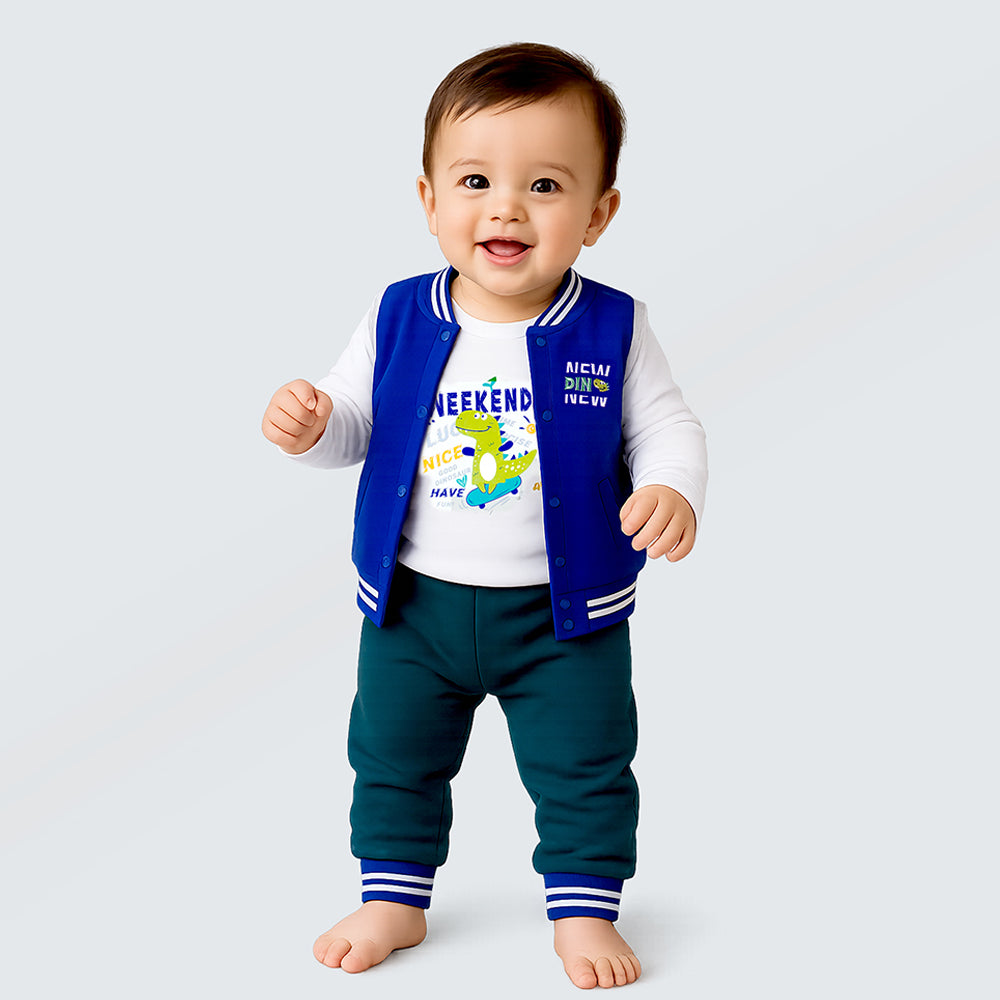 3 PCS  Dino Print Blue & dark Green Sporty tracks style  Winter Clothing Set for Baby Boy