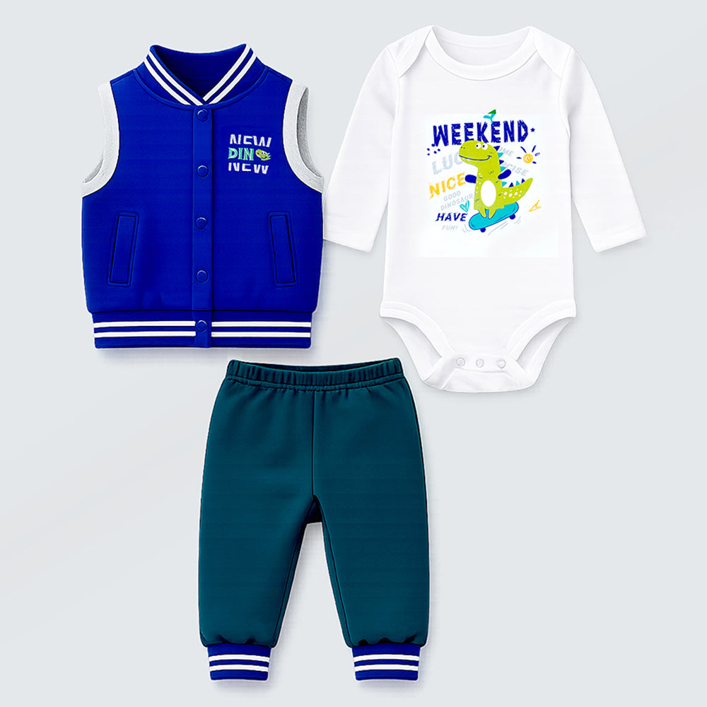 3 PCS  Dino Print Blue & dark Green Sporty tracks style  Winter Clothing Set for Baby Boy